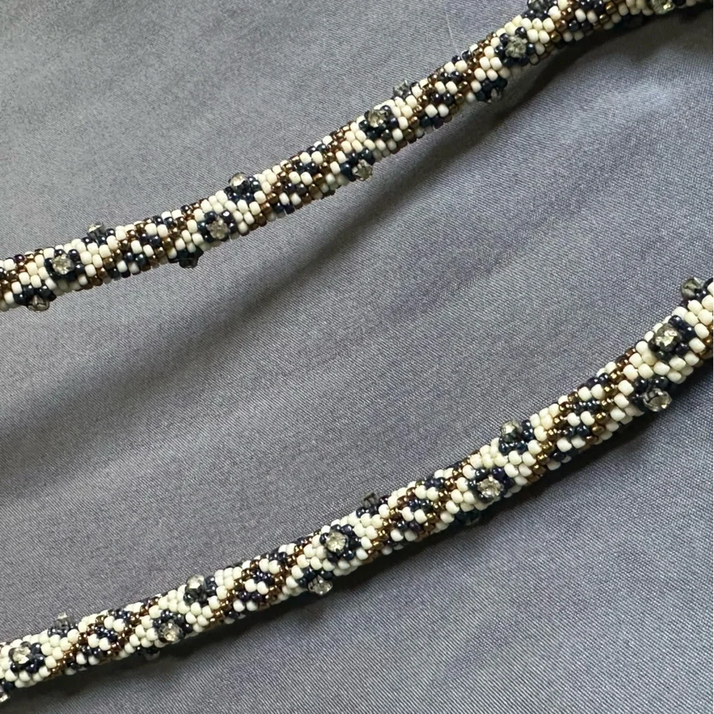 Handmade Beaded Crochet Necklace 21” Cream Blue Bronze Bling Magnetic clasp‎
